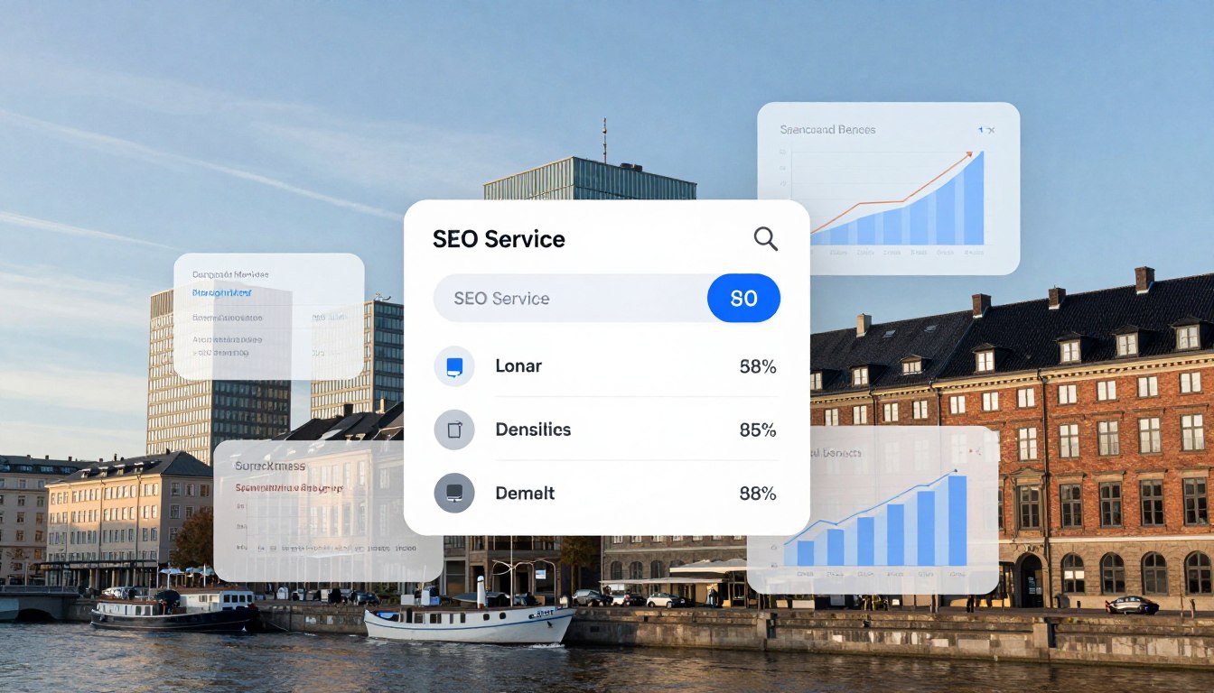 Danish cityscape with digital marketing overlay showing SEO Service in Denmark