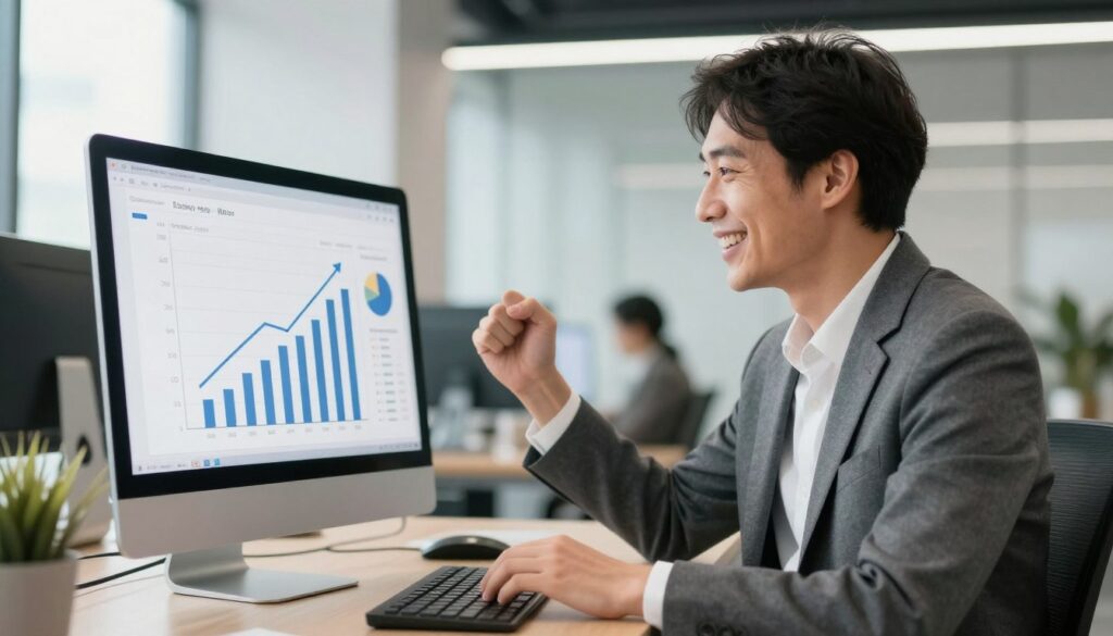 Successful adult ecommerce business owner reviewing positive SEO results